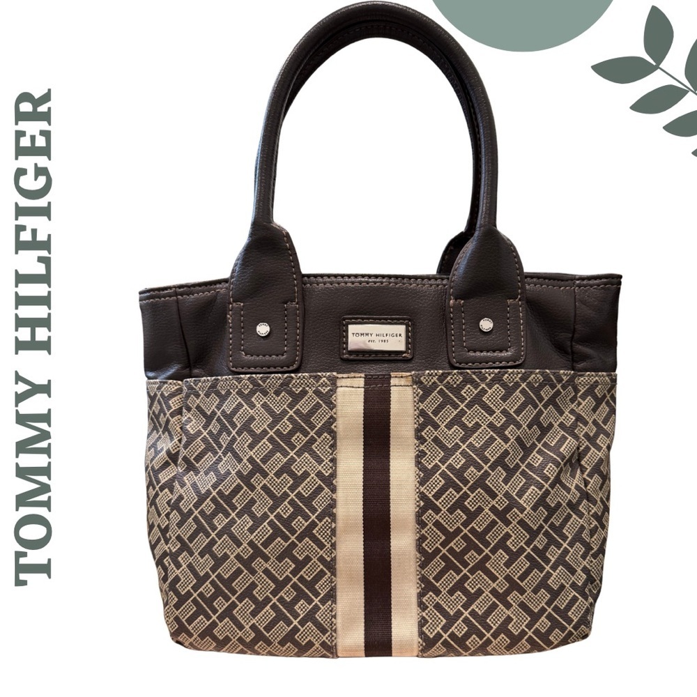TOMMY HILFIGER SIGNATURE MONOGRAM MINI TOTE BAG — BROWN CANVAS & VEGAN LEATHER